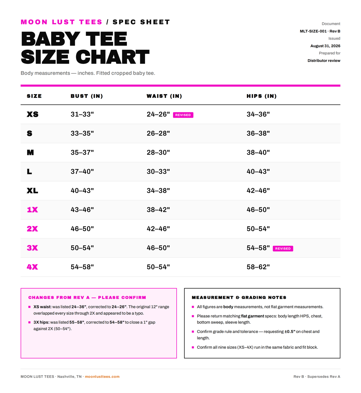 Moon Lust Tees baby tee size chart
